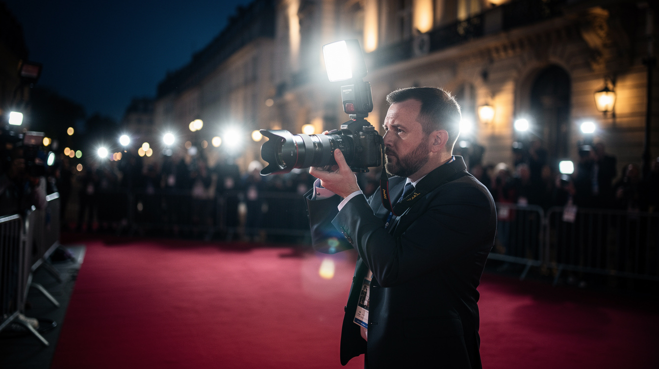 Photographer capturing a red carpet premiere with a camera flash