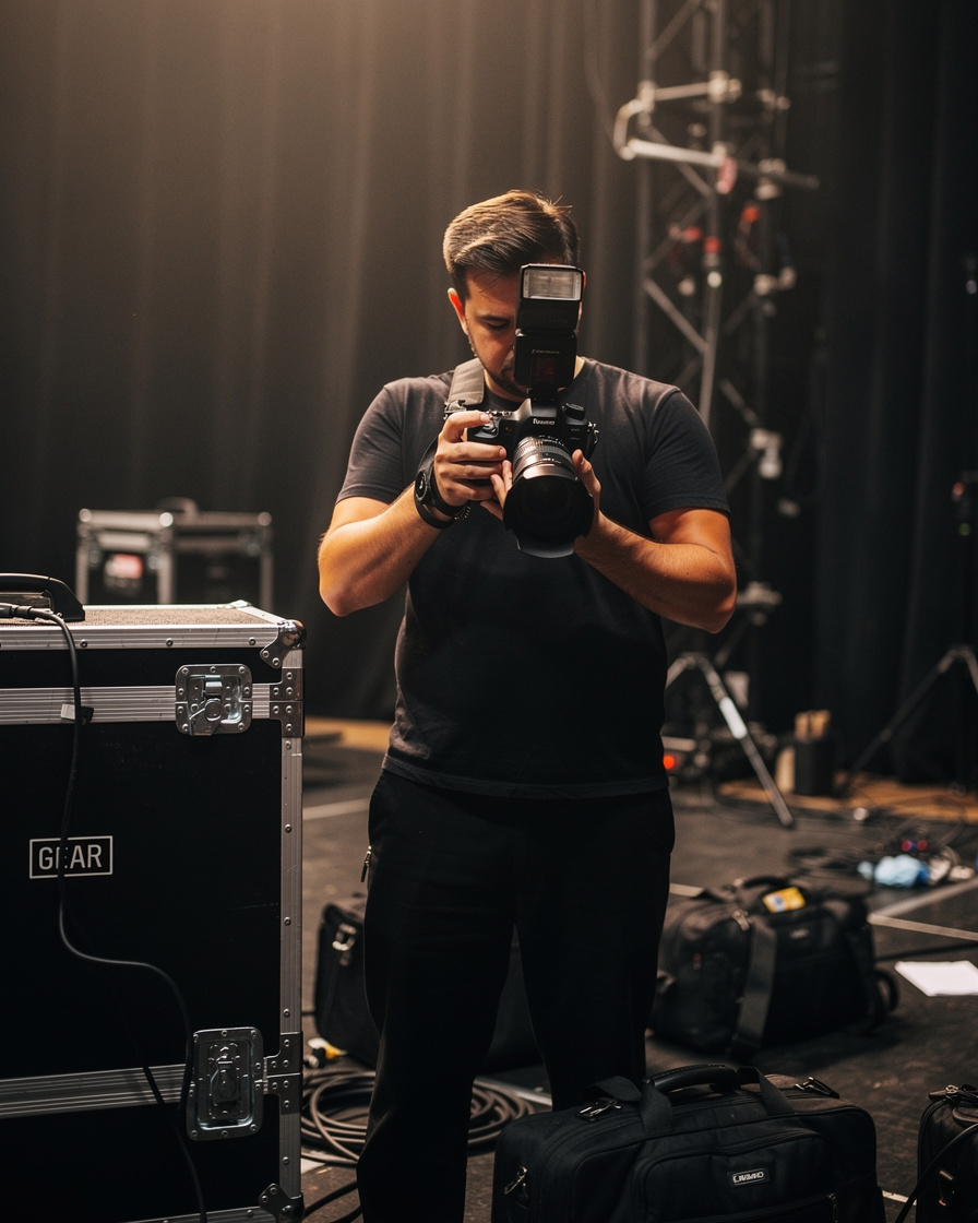 Photographer adjusting a camera flash backstage before an event