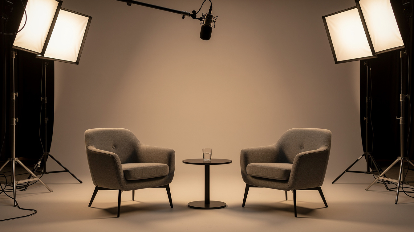 Interview set with softbox lighting and two chairs