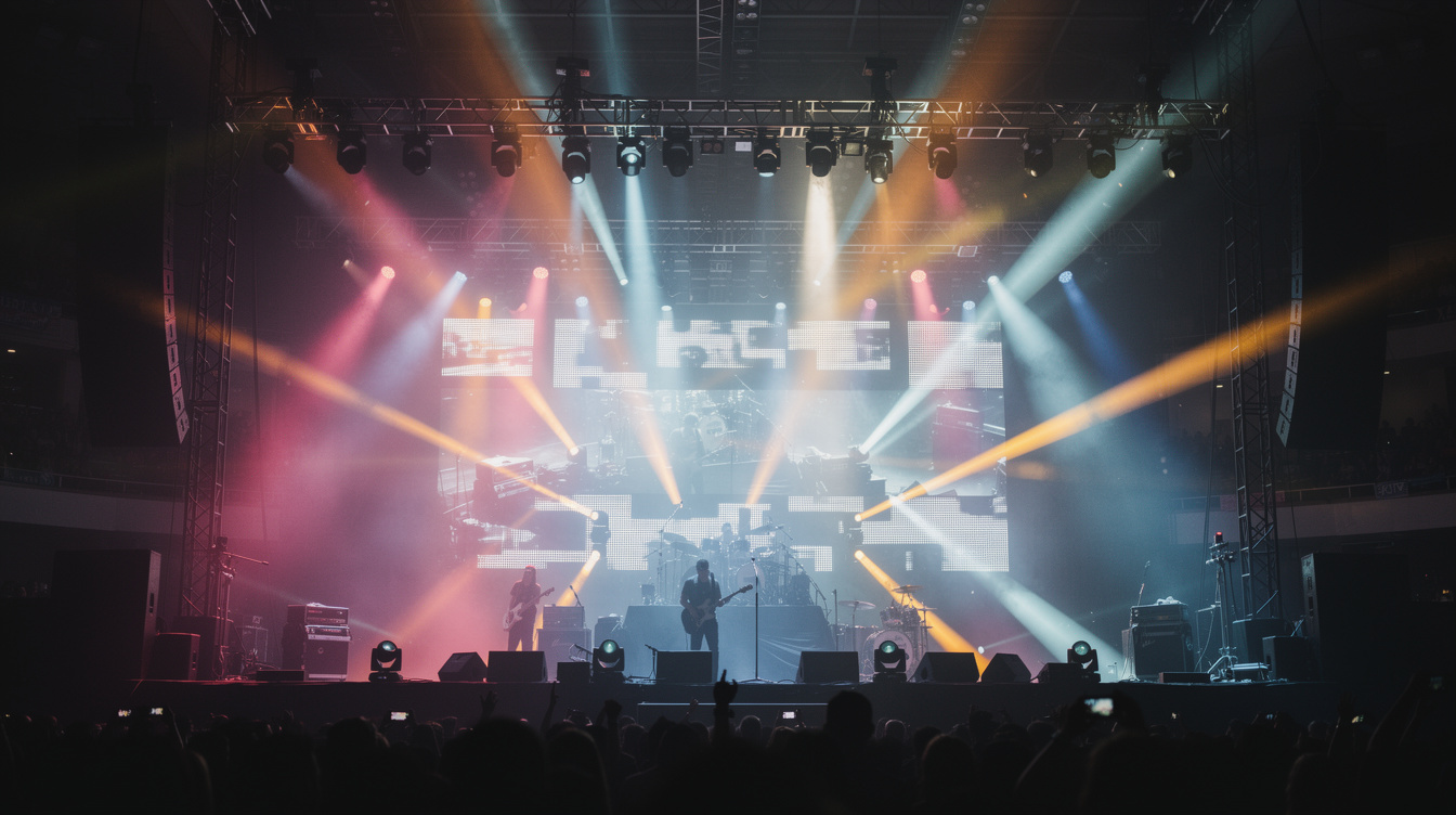 Concert stage lit with colorful spotlights and haze