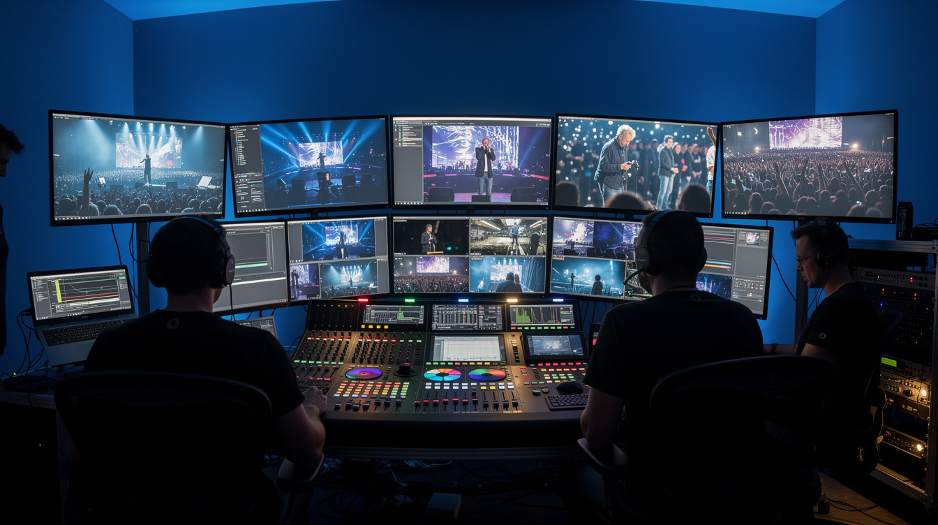 Event control room with monitors showing live event feed