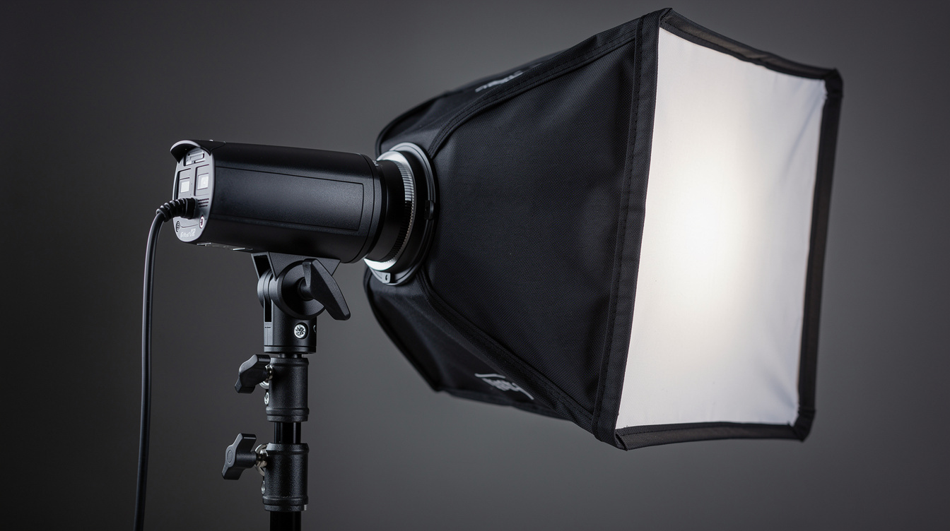 Close-up of a professional camera flash unit on a stand