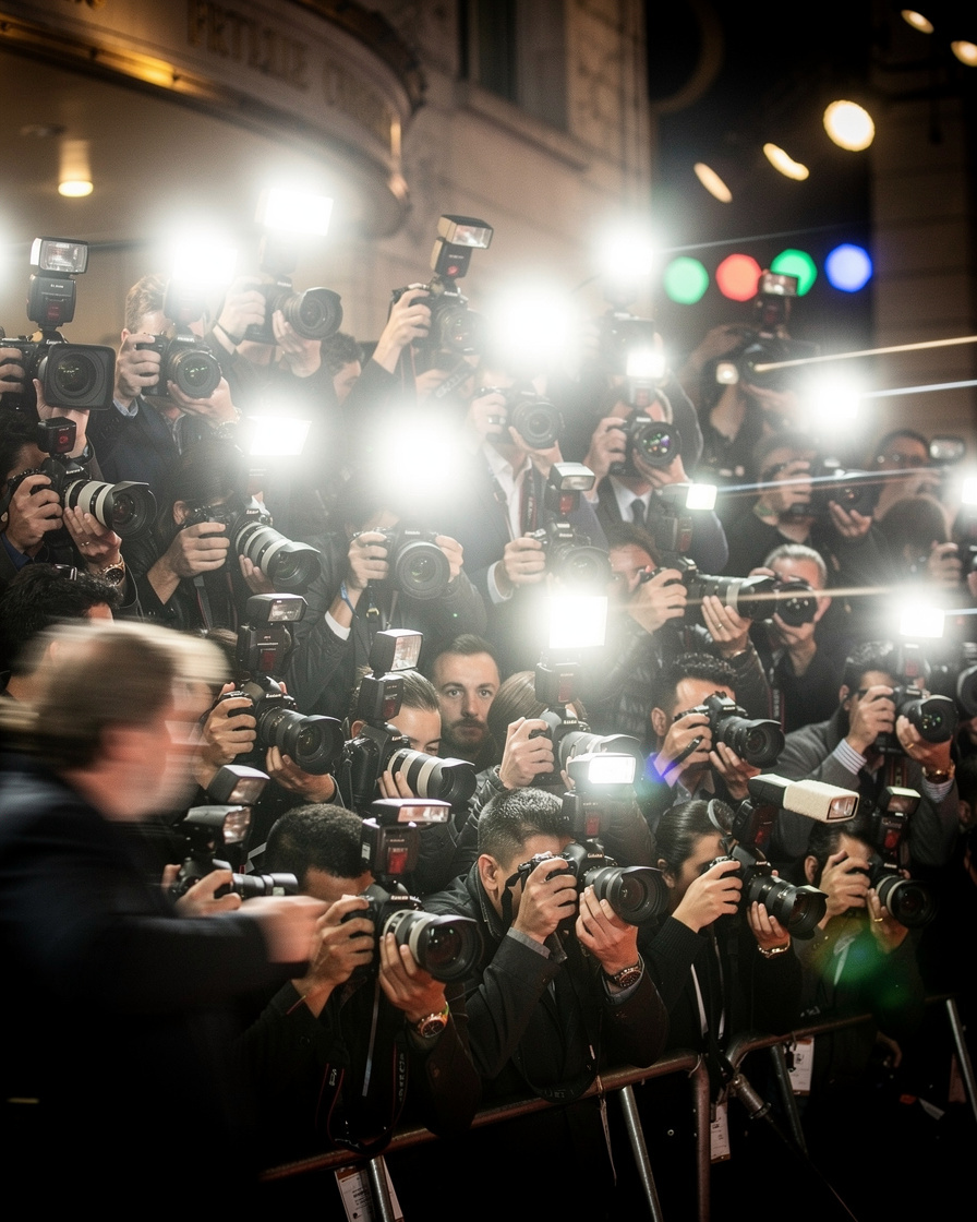 Crowd of photographers with flashes at a movie premiere
