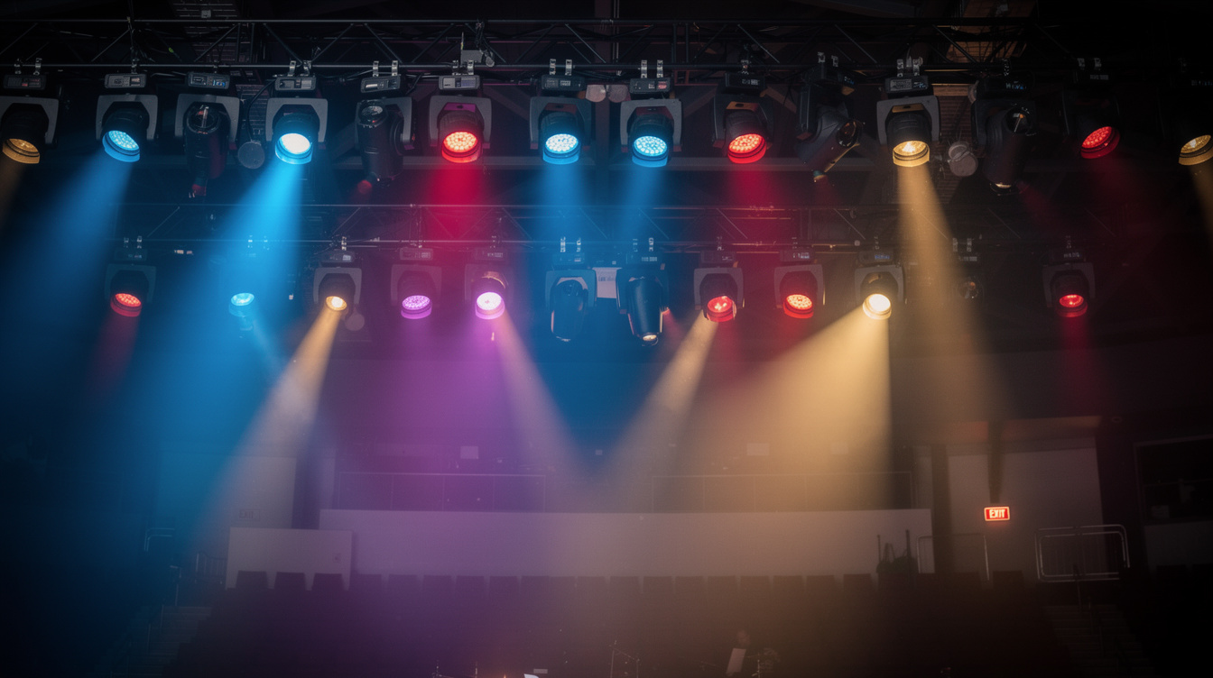 Stage lighting rig with colorful moving head lights