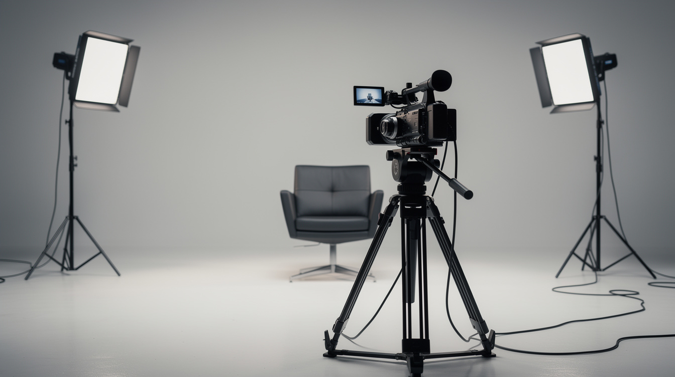 Camera on a tripod facing an interview chair with light stands