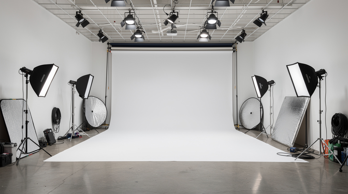Photography studio filled with lighting stands and softboxes