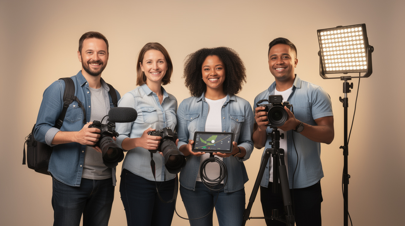 Diverse team of event production crew smiling together with camera gear
